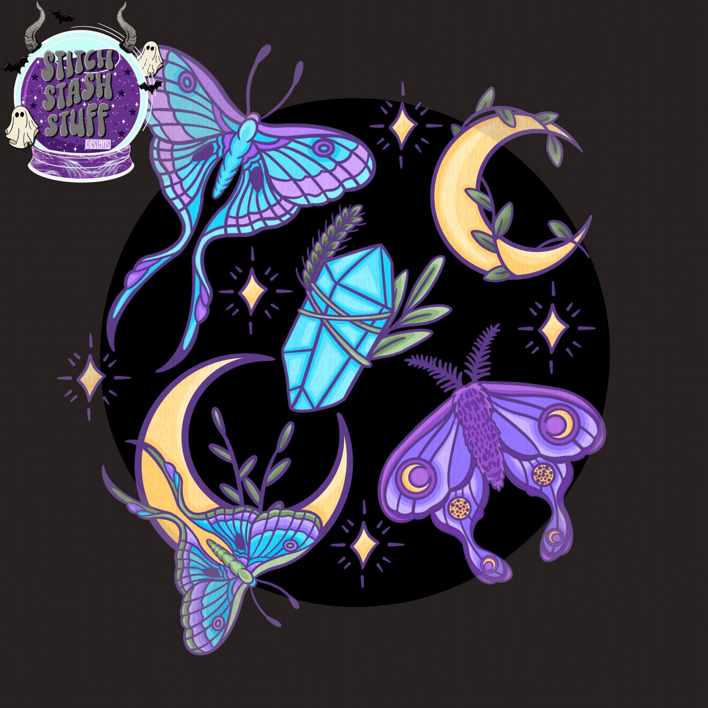 Moths and moons PNG three